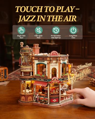 Image of ROKR Moving Dream Coffee Factory DIY Miniature House Kit - 3D Wooden Puzzles for Adults with Music Box & LED Lights, No Glue Kinetic Model Building Kit, Unique Home Decor Gifts for Adults Women Men