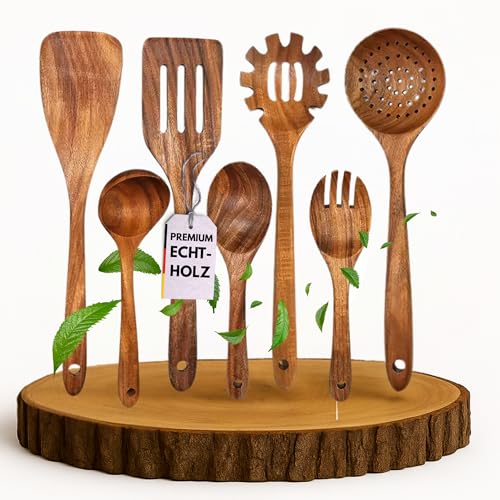 Kochlöffel Holz Set aus Olivenholz im 7er Pack - Pfannenwender, Kochlöffel, Risottolöffel & weitere Holzkochlöffel - Nachhaltig - Kochutensilien...