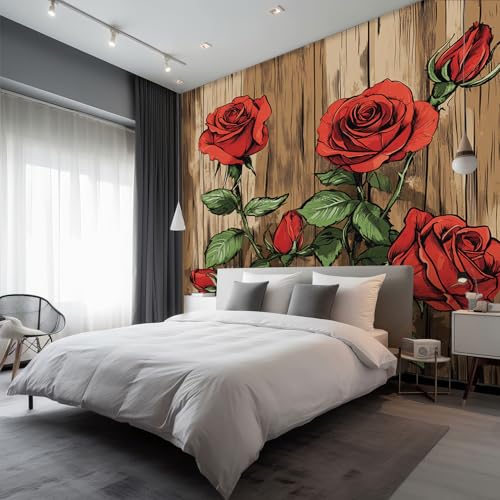 Papier peint rouge kaki à fleurs roses intissé pour salon et chambre - 300x210 cm
