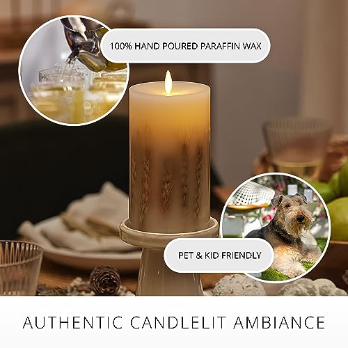 Image of Luminara Wheated Inclusion Realistic Artificial Moving Flame Pillar Candle - LED Battery Operated Candle Lights - Recessed Top - Real Wax - Remote Ready (Sold Separately) 3.25 inch x 6.5 inch