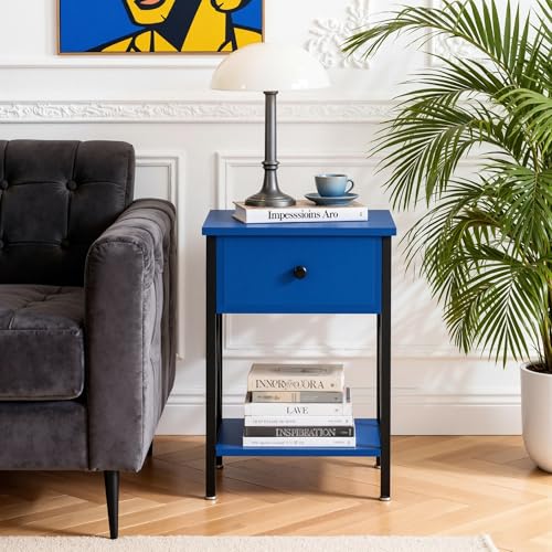Image of VECELO Nightstands, Modern Bedside End Tables Set of 2, Night Stand with Drawer and Storage Shelf for Living Room Bedroom, Industrial Metal Frame