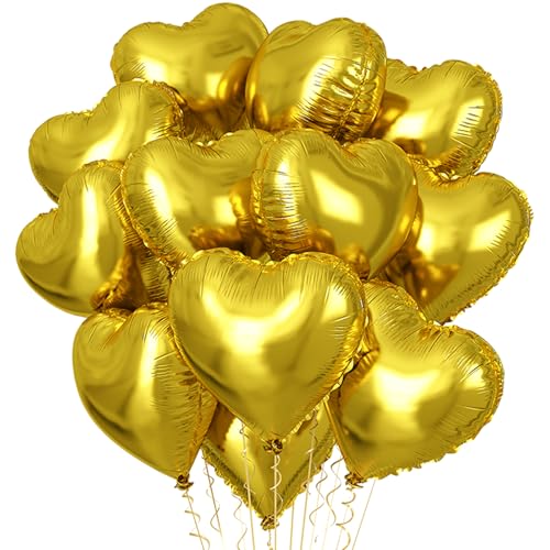 12 palloncini a forma di cuore dorati, palloncini in Mylar a forma di cuore in lamina d'oro giallo da 45 cm, palloncini a elio a forma di cuore in oro brillante, decorazione per feste di compleanno,