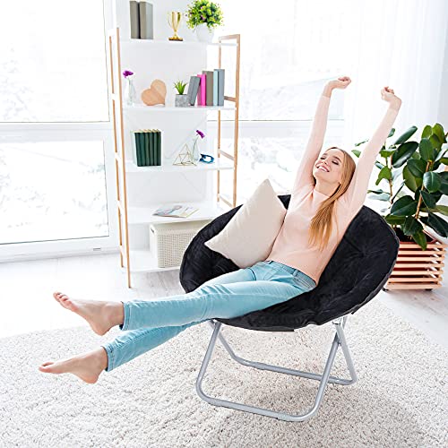 Zenstyle Faux Fur Saucer Chair, Folding Chair Soft Lounge Chair, Portable Moon Chair For Bedroom, Dorm Rooms, Apartments, Lounging, Garden And Courtyard, Black #TOP1