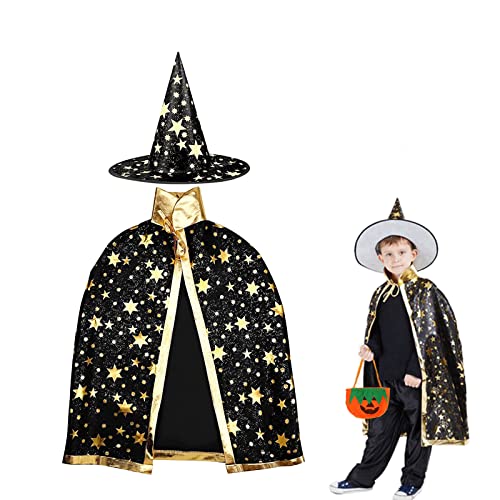 OUQIWEN Cape Du Magicien d'Halloween,Enfants Capes avec Chapeau de Magicien,Sac de Bonbons à la Citrouille,Convient Garçons Filles Costume d'halloween de Cosplay de Carnaval (Noir) Cover