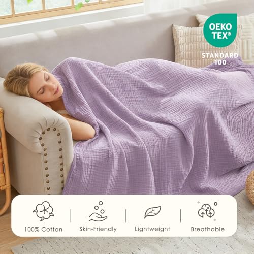 Image of EMME Muslin Blankets for Adults Throw Blanket for Couch Breathable Gauze Soft Lightweight Airy Lavender Throw XL 50 inch x 71 inch