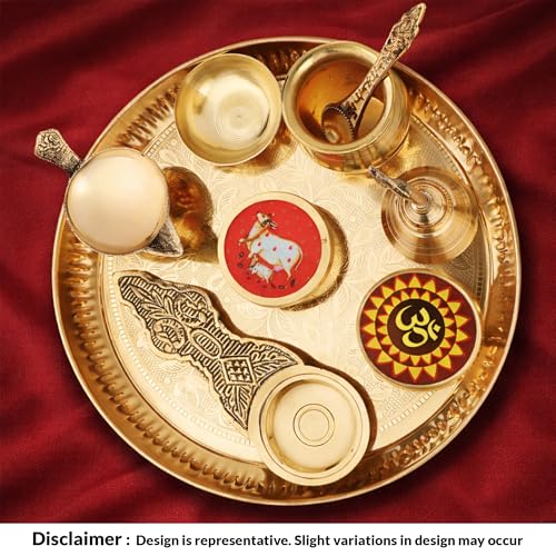 Image of Traditional Brass Puja Thali Set for Mandir & Festivals | Brass Aarti Thali Plate for Bhog, Diya & Pooja Rituals | Ideal for Diwali Navratri Karwa Chauth Home Temple Decor (Set of 9)