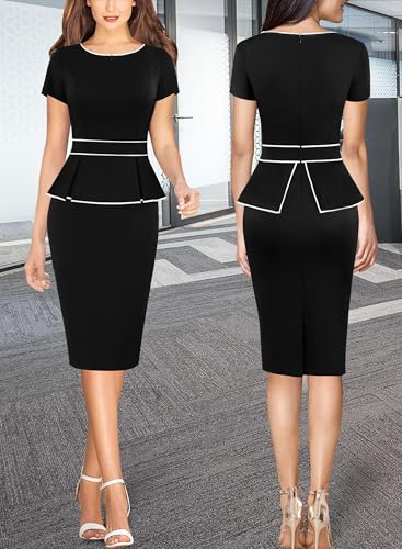 Image of VFSHOW Womens Work Business Office Front Zipper Peplum Bodycon Dresses Elegant Short Sleeve Slim Church Pencil Sheath Dress