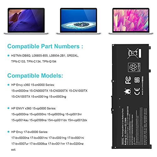 Image of 52Wh 11.55V SR03XL SR04XL TPN-Q194 Battery for Hp Pavilion 15-CX Envy X360 15-CN 15-CP 17-BW L08855-855 L08934-2C1 917678-2B1 L08934-1B1 L08934-2B1 HSTNN-IB8L HSTNN-DB8Q SR03052XL TPN-C133 TPN-C134