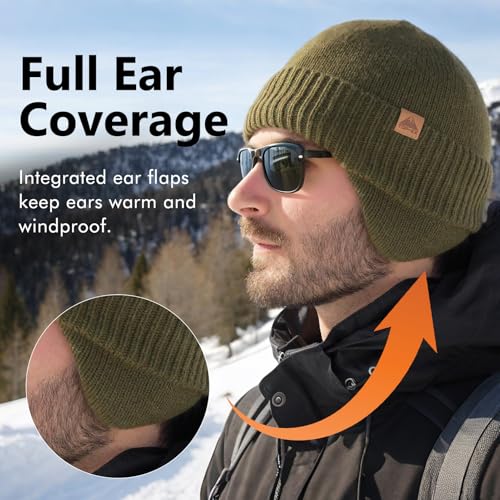 Image of TOP-EX DryKnit Unisex 80% Merino Wool Waterproof Beanie with Ear Flap Warm Winter Fleece Lined Beanie Hat M /L /XL