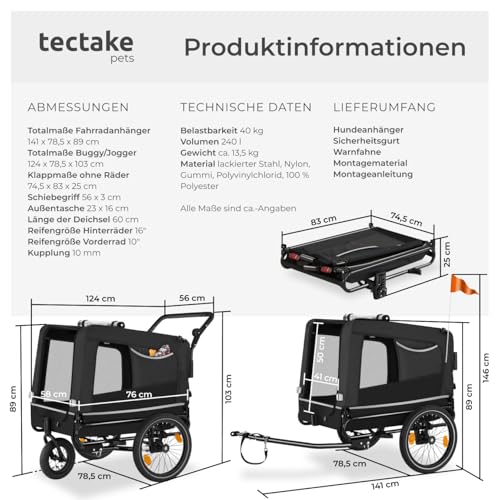 tectake® Fahrradanhänger multifunktional - als Hunde Anhänger Wagen für Fahrrad und e Bike, Jogger oder Buggy, Belastbarkeit bis 40kg, faltbar, schneller Umbau, inkl. Sicherheits Zubehör - schwarz