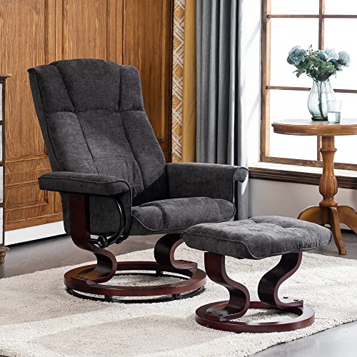 Mcombo Swivel Recliner With Ottoman, Manual Recliner Chairs With Wood Base For Living Room Bedroom Office, Chenille Fabric 4919 (Grey) #TOP1