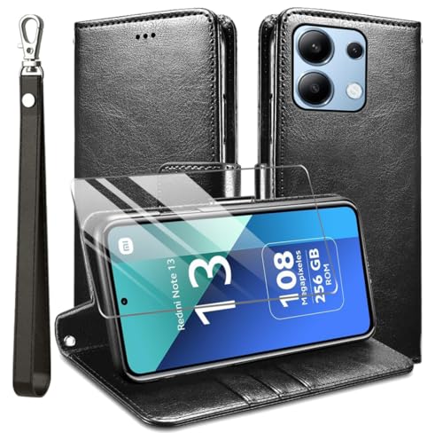 for Xiaomi Redmi Note 13 5G Case and 1 Tempered Glass Screen Protector, Leather Wallet Phone Case with Card Slots Magnetic Closure Kickstand Protective Cover for Xiaomi Redmi Note 13 5G - Black