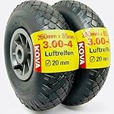 KOVA® 2X Sackkarrenrad LUFTBEREIFT 3.00-4, 260x85mm, Nabe Ø20×75, Reifen mit Schlauch & Rad Sackkarre Bollerwagen Luftreifen Ersatzrad Sackkarren Räder Rollenlager Luftrad Winkelventil Schw/Grau, L