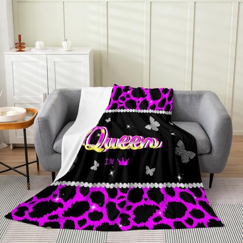 Queen Crown Flannel Blanket for Kids,Black Purple Leopard Print Fleece Throw Blanket for Bedroom Sofa Dorm Decor,Animal Cheetah Fur Sexy Luxury Bedding Set,Baby (30 x 40 Inches)