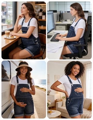Image of PACBREEZE Women's Maternity Shorts Jean Overalls for Women Stretchy Denim Bib Jumpsuits Summer Pregnancy Shorts
