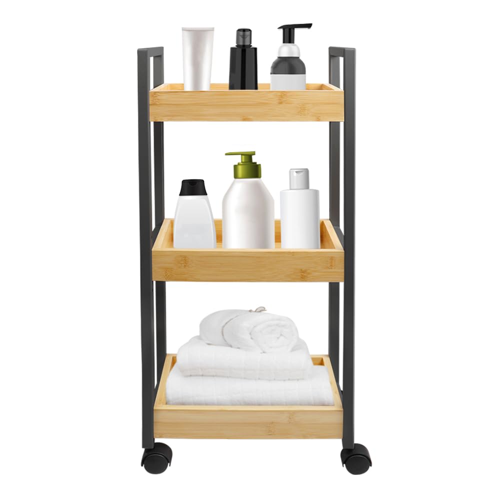 HUOLE Estantería Delgada de Baño, Carrito de Almacenamiento de 3 Niveles sobre Ruedas, Estantería de Bambú y Madera de Baño Estantería de Pie 3 Cestas dim. 30L x 20l x 80H cm-Negro
