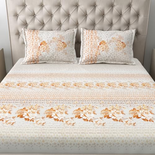 Image of Mafatlal 186 TC Spring Glory King Size Cotton Bedding | 274 x 274 cm | Summer Sweat-Absorbing mancham chadar for Breathable Sleep Comfort | Set with 2 Pillow Covers | Golden Orange
