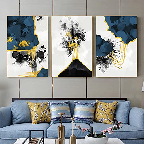 Impression Photo Toile Abstrait Or Bleu Affiche Murale Moderne Nordique Salon 50x70cm x3