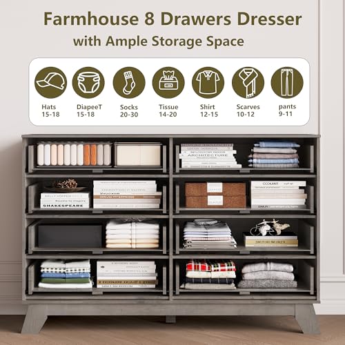 Image of HUANLEGO 48 inch W Tall Fluted Dresser for Bedroom with 8 Drawer, Grey | Mid Century Modern Dresser for Closet, Anti-Tipping Design, Wooden Dressers & Chest of Drawers for Living Room, Home Office