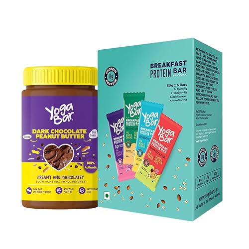 Image of Yogabar Dark Chocolate Peanut Butter And Breakfast Bars Combo, Dark Chocolate Peanut Butter, Breakfast Protein Variety (Almond Coconut, Apricot & Fig, Blueberry, Apple Cinnamon Bars) - 700 Gm
