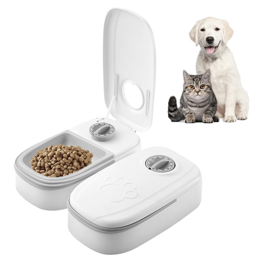 Automatic Cat Feeder, 2 Meals 700 ML Cat Feeder Automatic with Timer Auto Cats Food Dispenser with Wet and Dry Food Dispenser Dual Bowl Feeders for Cats Small Dogs (Ice Pack and Battery Not Included)