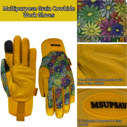 Msupsav Gardening Gloves For Women,Garden Gloves For Ladies,Cowhide Leather Work Gloves For Yard Work,Gardening,Colorful Flowers,Medium #TOP7