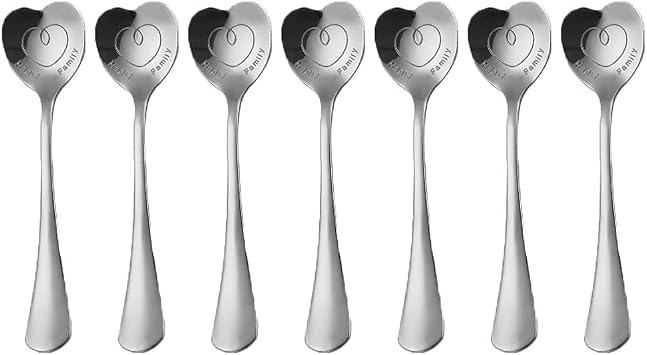 7 Heart Shaped Stainless Steel Spoons - Silver Coffee, Dessert, Ice Cream & Tea Spoons - Perfect