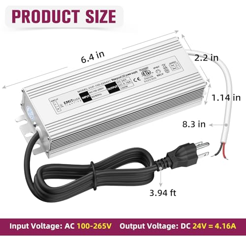 Image of EMITEVER 24Volt LED Driver 100W, ETL Listed Waterproof IP67 Power Supply Low Voltage Transformer Adapter 120V AC to 24V DC Converter for LED Strip Lights, Computer Project and Outdoor Lighting