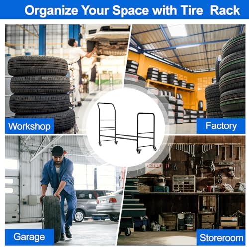 Rolling Tire Storage Rack,2 in 1 Mobile Metal Tire Storage and Transport Trailer Cart,43.3" x 34" x 13.7" Heavy Duty Tire Rack with 4 Wheels for Garage & Repair Shops,Black — view 5