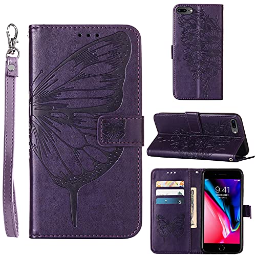 Moment Dextrad for iPhone 7/8 Plus Wallet Case, 6/6S Plus Case, Butterfly Floral Embossed, Wrist Strap, Card Holder Slots,Stand Leather Protective Flip Cover (Purple)