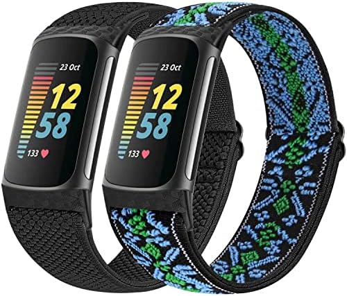 Elastic Straps Compatible with Fitbit Charge 5 Strap, 2 Pack Stretchy Adjustable Nylon Loop Braided Replacement Sport Wristband for Charge 5 Activity Tracker Women Men