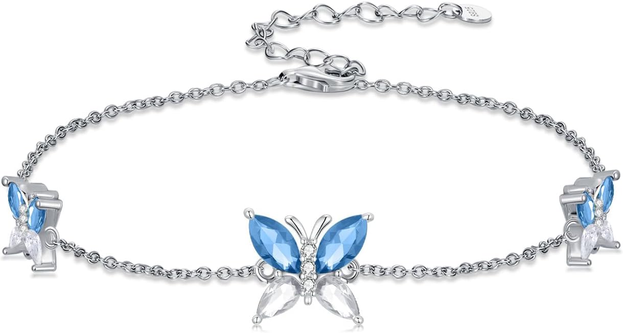 Butterfly Birthstone Charm Link Bracelet 925 Sterling Silver Butterfly Bracelet with 12 Months Birthstone Birthday Jewelry Gifts for Women Mom Her,Chain Length 7"+2" Extend