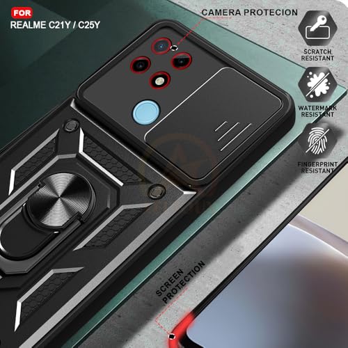 Image of Armor Bumper Back Cover Case for Realme C21Y / C25Y Rotating Camera Cover, Ring Holder & Kickstand | Heavy Duty & 360 Degree Protection Realme C21Y / C25Y Back Cover (Black)