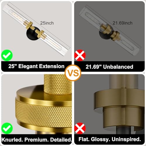 Bathroom Light Fixtures Over Mirror,Knurled Texture Black and Gold Vanity Light,Clear Glass Tube Sconces,Modern Hardwired Wall Lights Indoor,Wall Sconces for Washroom,Living Room,Bedroom by LaLuLa - Image 4