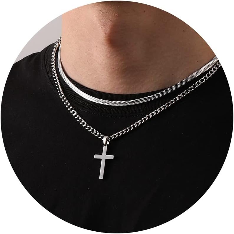 Zocomi Cross Necklace for Men Boys, Stainless Steel Layered Cuban Link Herringbone Chain Cross Pendant Christian Fashion Jewelry Gifts 16-24 Inches