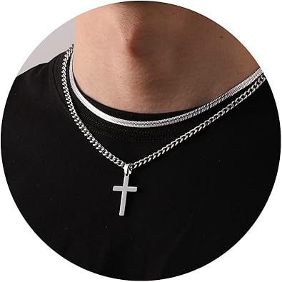 Zocomi Cross Necklace for Men Boys, Stainless Steel Layered Cuban Link Herringbone Chain Cross Pendant Christian Fashion Jewelry Gifts 16-24 Inches