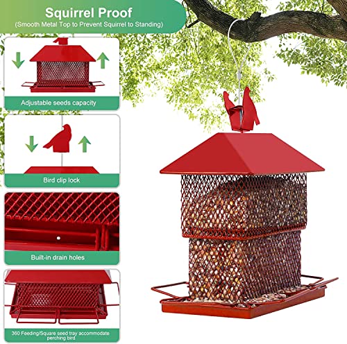 Bird Feeder For Outside Hanging Squirrel Proof Bird Feeders Metal Wild Bird Feeder Retractable Outdoor Feeder With 6 Perches For Cardinal, Finch, Chickadee, Bluebirds Etc(Red) #TOP2
