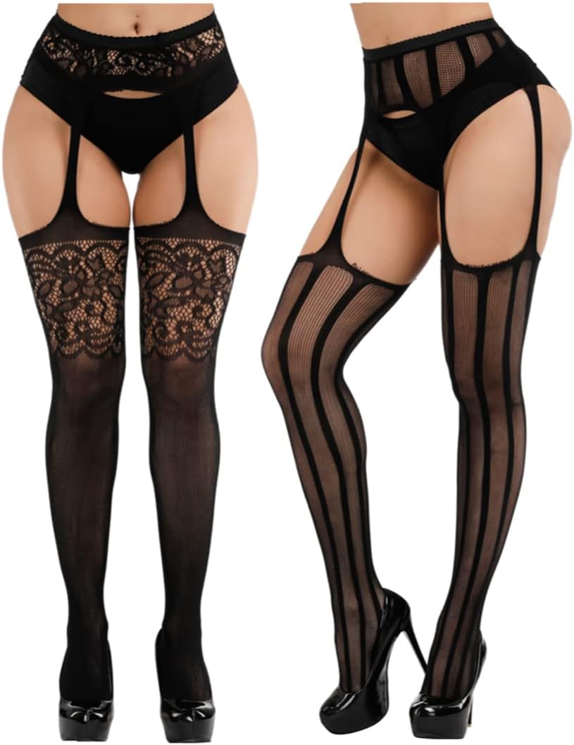 2 Pairs Fishnet Stockings Tights Suspender Sexy Women Lingerie Pantyhose Lace thigh high stockings for Women (Black-A) - One Size