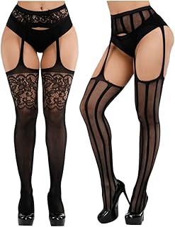 IREES 2 Pairs Fishnet Stockings Tights Suspender Sexy Women Lingerie Pantyhose Lace thigh high stockings for Women (Black-A)
