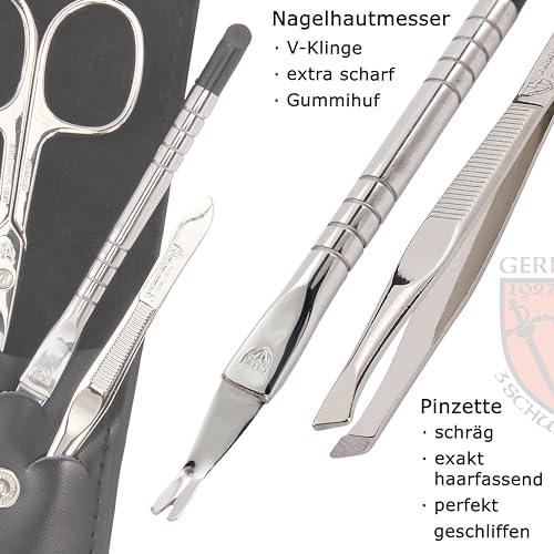 Foto von DREI SCHWERTER - 4-tlg. Nagelpflegeset 'Modena' | Maniküre und Pediküre Set in Echtleder Etui MADE IN GERMANY. Farbe: Schwarz | Inhalt: Nagelschere, Pinzette, Saphirnagelfeile und Nagelhautentferner