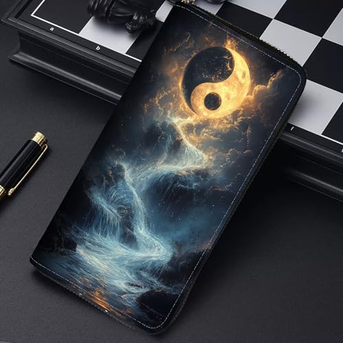 Image of RFID Blocking Leather Wallet for Women - Large Capacity Zip Around Clutch with 8 Card Slots,11 Cash Pockets & Coin Zipper,Tai Chi Yin Yang Diagram