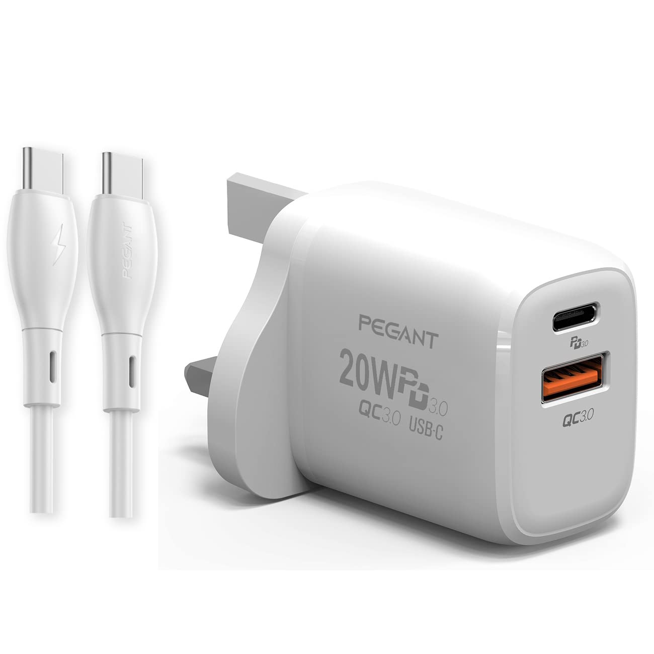 PEGANT 20W USB C PD Fast Charger with USB-C C-C Cable Dual Port Type-C QC3.0 Wall Adapter UK Plug for Samsung Pixel Huawei OnePlus Xiaomi and More (C-C Cable, White)