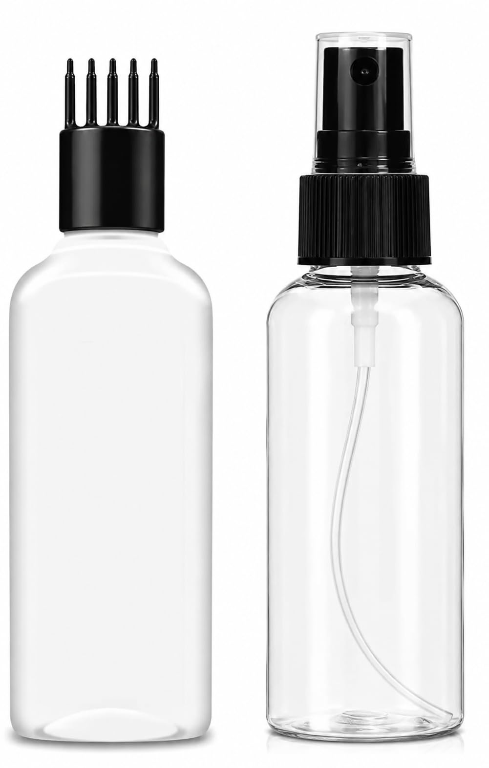 Halin Hair Applicator Brush Bottle and Fine Mist Spray Bottle Set | 2-Piece Set, Refillable Bottles, Clear Plastic, Scalp Oil Applicator, Fine Mist Nozzle-image-1