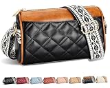 ZAUKNYA Small Crossbody Bags for Women, Quilted Vegan Leather Cross body Purse Shoulder Handbags with Wide Guitar Strap (ZZ-black-Brown)