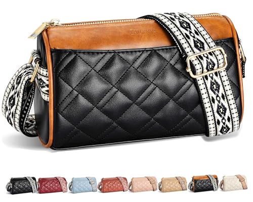 ZAUKNYA Small Crossbody Bags for Women, Quilted Vegan Leather Cross body Purse Shoulder Handbags with Wide Guitar Strap (ZZ-black-Brown)