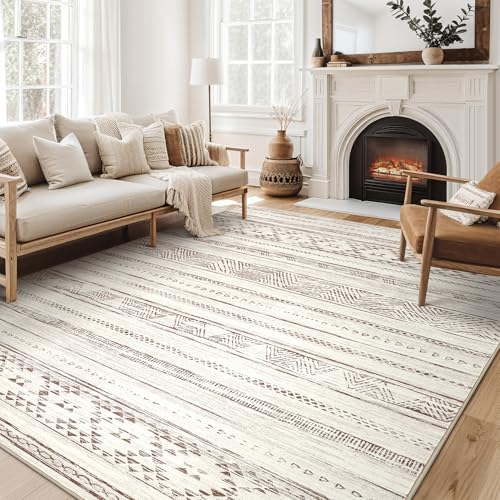 DMOYEST 9x12 Area Rug Living Room Rugs - Washable Large Soft Boho Neutral Geometric Moroccan Modern Rug for Bedroom Dining Room Home Office Non Slip Low Pile Farmhouse Carpet Indoor - Cream Brown