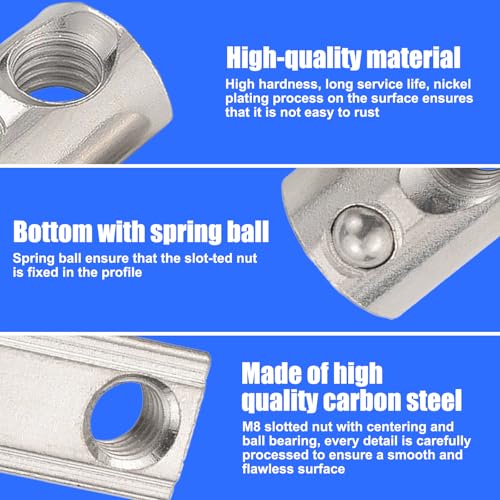 ADERTOS 45 Stück T Nutenstein M8 Nutsteine mit Kugel für Aluprofil Kohlenstoffstahl M8 T Nuten Stein Europäische Standard 40 Serie Gleitmutter Federkugel Hammermutter Hammerkopfmutter für 40 Profil