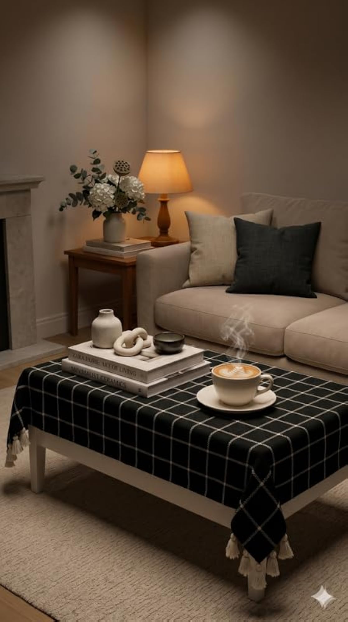 Black Window Pane Scandinavian Minimal Cotton Tassel Trim Dining Table Cover