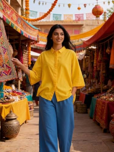 Image of Shirt for Women | Casual Button Down Long Sleeve Blouse | Oversized Striped Loose Fit Cotton Top with Pocket | Trendy Collar Aesthetics & Streetwear Tunics(34-S-1-5)