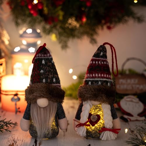 MEAJOIN Christmas Gnome Lighted Ornament, Handmade Swedish Tomte Hanging Decorations, Scandinavian Santa Style for Christmas Tree Home Table Holiday Decor, Set of 2 — view 5